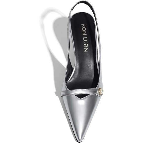 Ronilurn Women Silver Kitten Closed Pointed Toe Slingback Low Pearl Heel Pumps - Picture 3 of 7